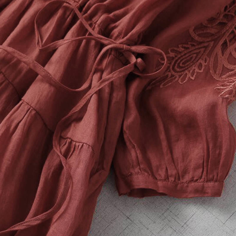 Embroidery Patchwork Long Puff Sleeve Drawstring Midi Dress With Pockets
