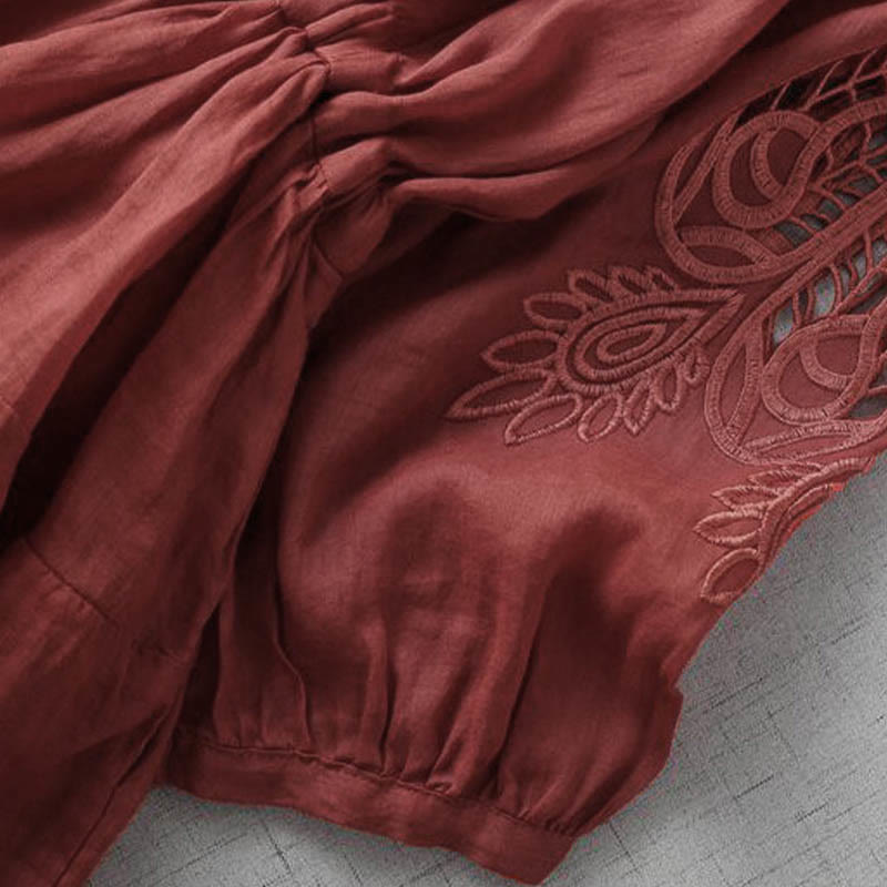 Embroidery Patchwork Long Puff Sleeve Drawstring Midi Dress With Pockets