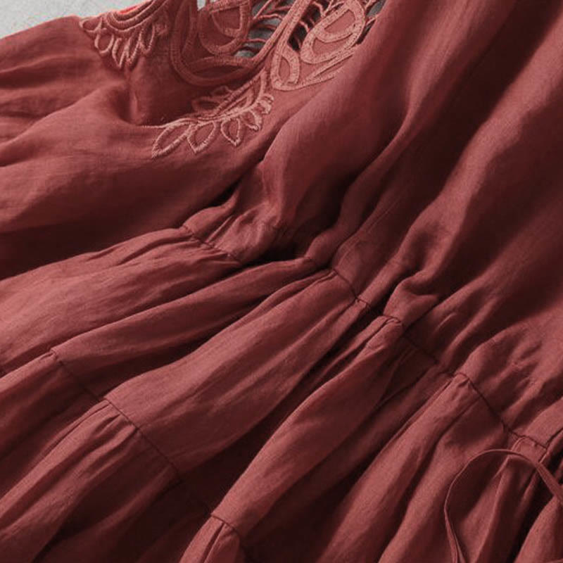 Embroidery Patchwork Long Puff Sleeve Drawstring Midi Dress With Pockets