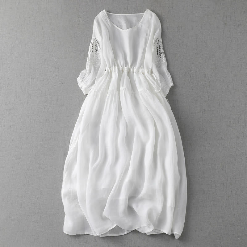 Embroidery Patchwork Long Puff Sleeve Drawstring Midi Dress With Pockets