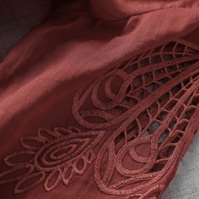 Embroidery Patchwork Long Puff Sleeve Drawstring Midi Dress With Pockets