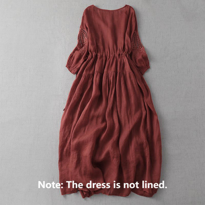 Embroidery Patchwork Long Puff Sleeve Drawstring Midi Dress With Pockets