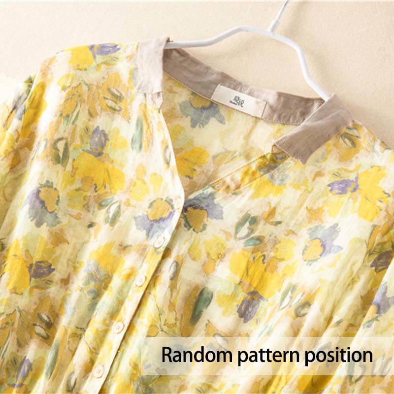 Half Sleeve Color Contrast Floral Pattern Midi Dress With Pockets