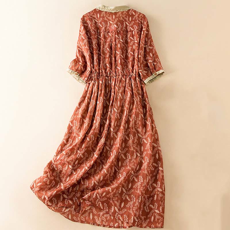 Half Sleeve Color Contrast Floral Pattern Midi Dress With Pockets