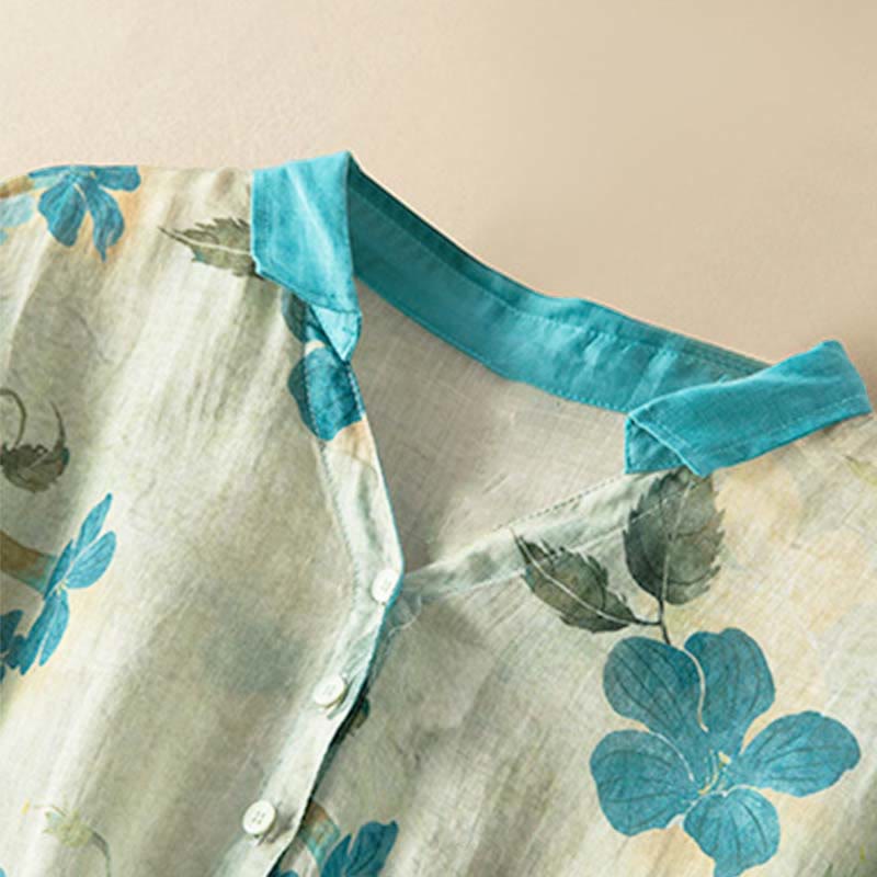 Half Sleeve Color Contrast Floral Pattern Midi Dress With Pockets
