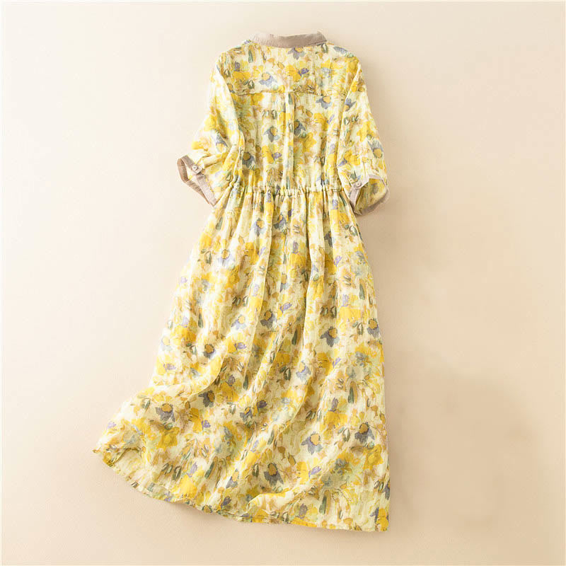 Half Sleeve Color Contrast Floral Pattern Midi Dress With Pockets