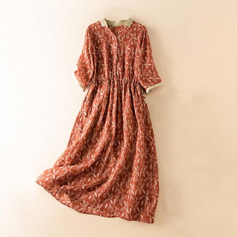Half Sleeve Color Contrast Floral Pattern Midi Dress With Pockets