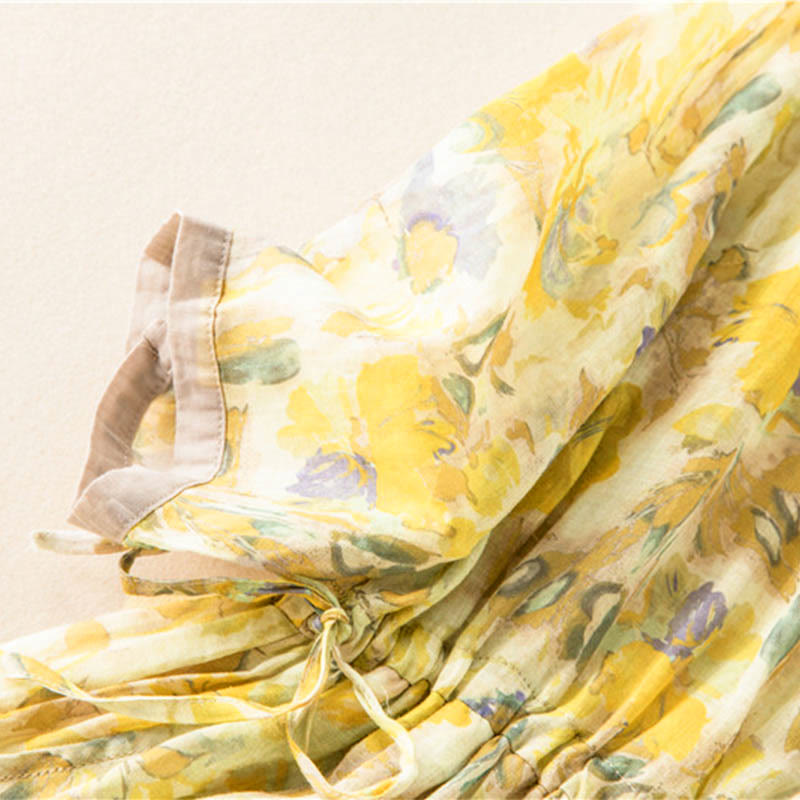 Half Sleeve Color Contrast Floral Pattern Midi Dress With Pockets