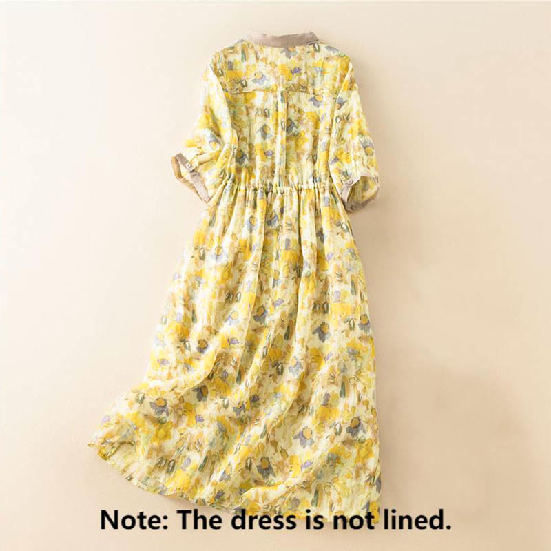 Half Sleeve Color Contrast Floral Pattern Midi Dress With Pockets