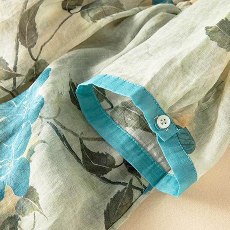 Half Sleeve Color Contrast Floral Pattern Midi Dress With Pockets