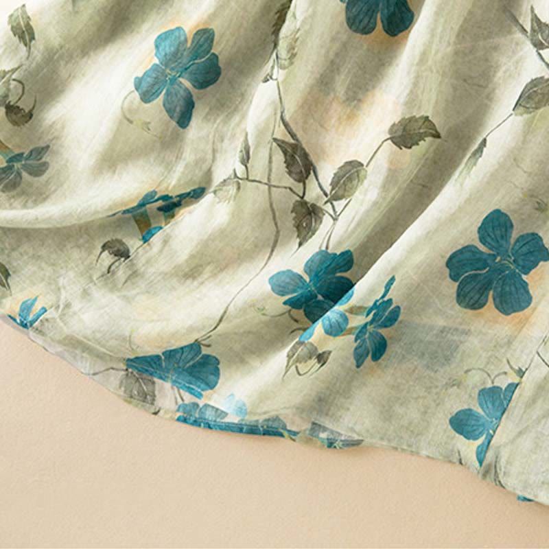 Half Sleeve Color Contrast Floral Pattern Midi Dress With Pockets