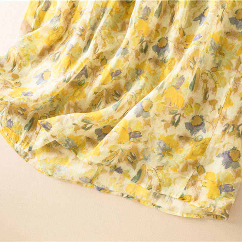 Half Sleeve Color Contrast Floral Pattern Midi Dress With Pockets