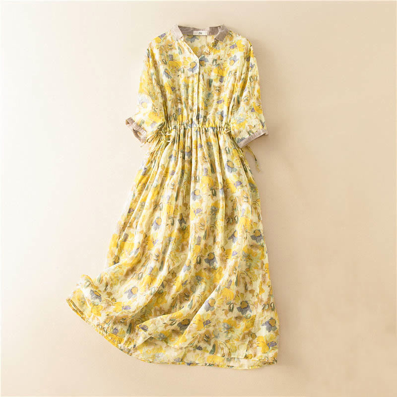 Half Sleeve Color Contrast Floral Pattern Midi Dress With Pockets