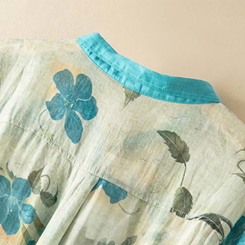 Half Sleeve Color Contrast Floral Pattern Midi Dress With Pockets
