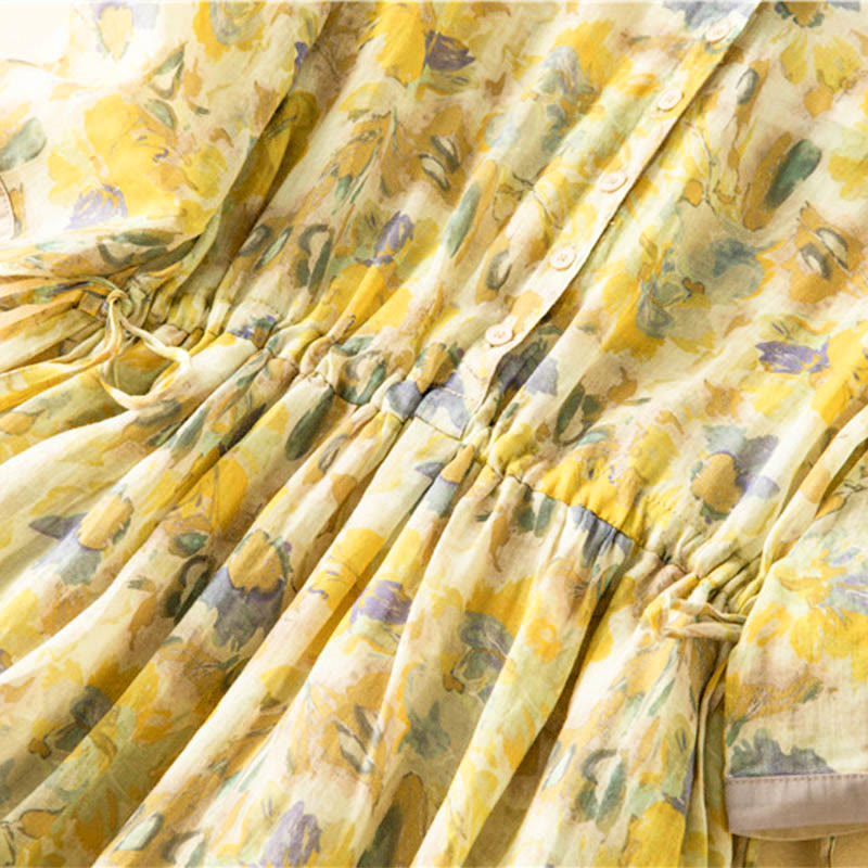Half Sleeve Color Contrast Floral Pattern Midi Dress With Pockets