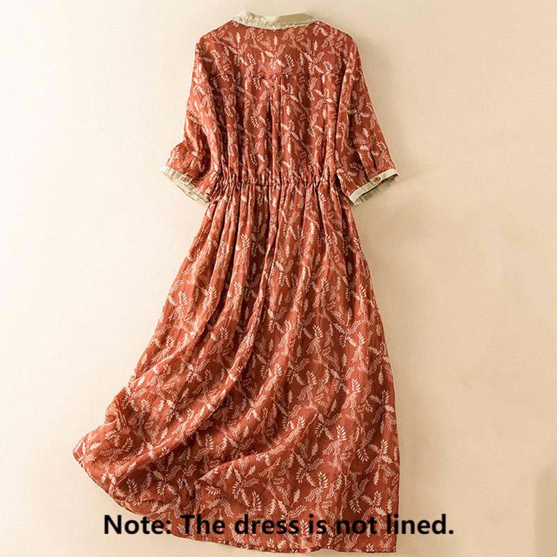 Half Sleeve Color Contrast Floral Pattern Midi Dress With Pockets