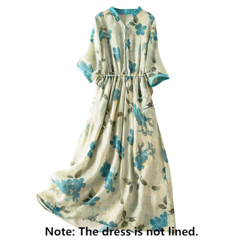 Half Sleeve Color Contrast Floral Pattern Midi Dress With Pockets