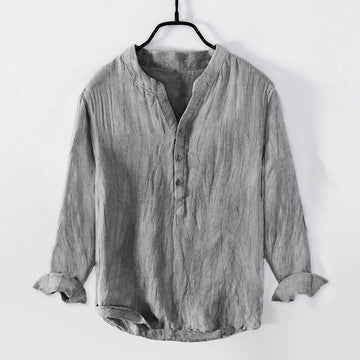 Solid Color Long Sleeve Half Button Shirt Cotton Linen Men Clothing