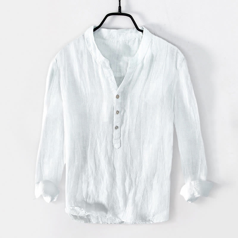 Cotton Linen Slim Fit Stand Collar Mindful Meditation Men's Shirt