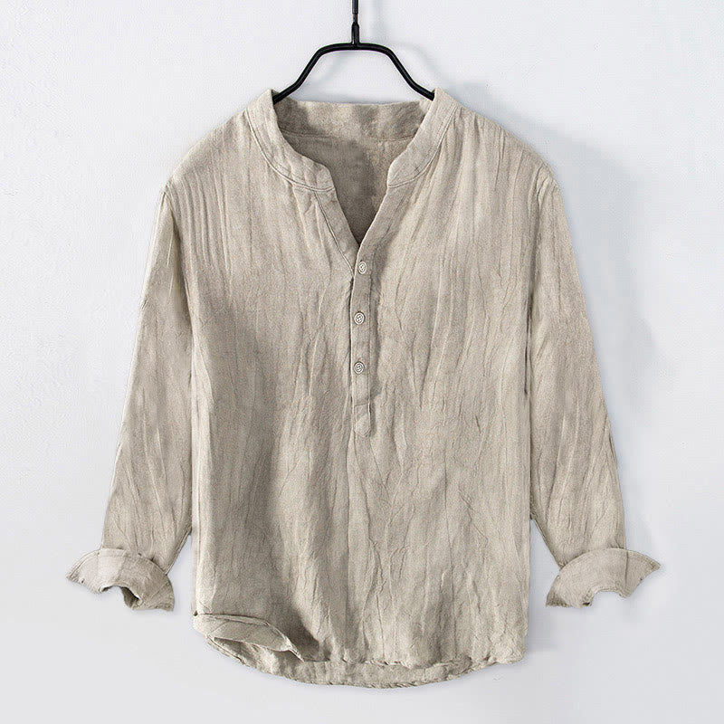 Solid Color Long Sleeve Half Button Shirt Cotton Linen Men Clothing