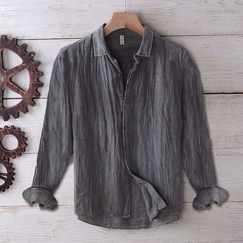 Men's Shirt Solid Color Lapel Top Short Sleeve Comfy Button Crease Cotton Linen Shirt