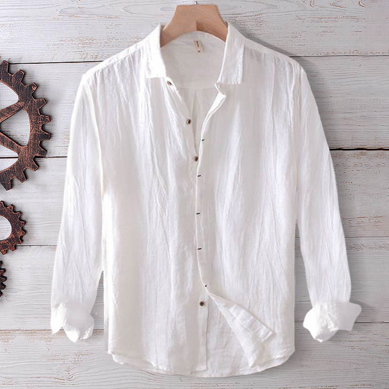 Men's Shirt Solid Color Lapel Top Long Sleeve Comfy Button Crease Cotton Linen Shirt