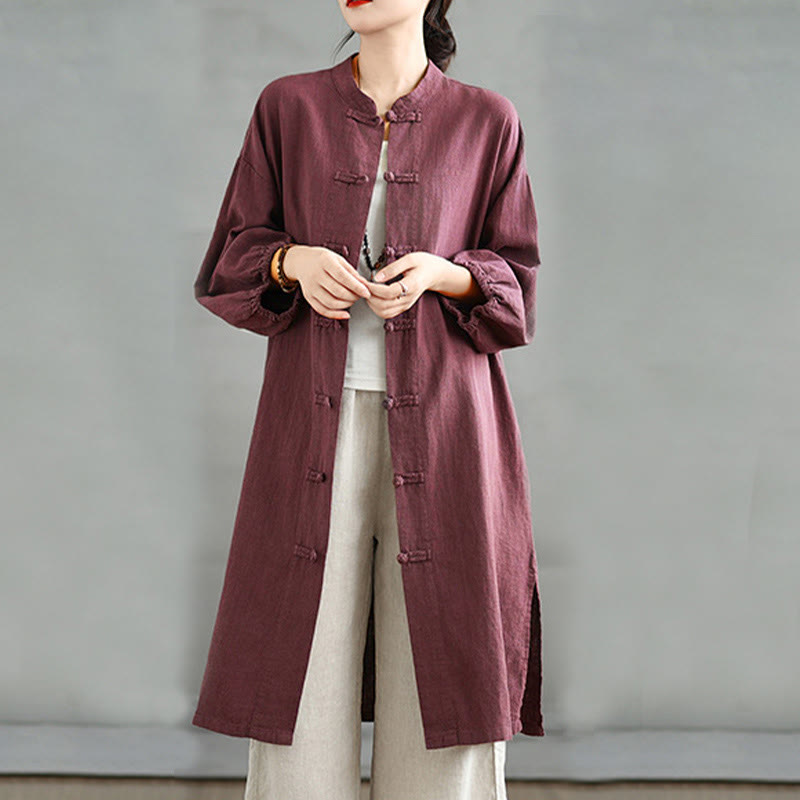 Casual Frog-button Women's Cotton Linen Coat With Pockets