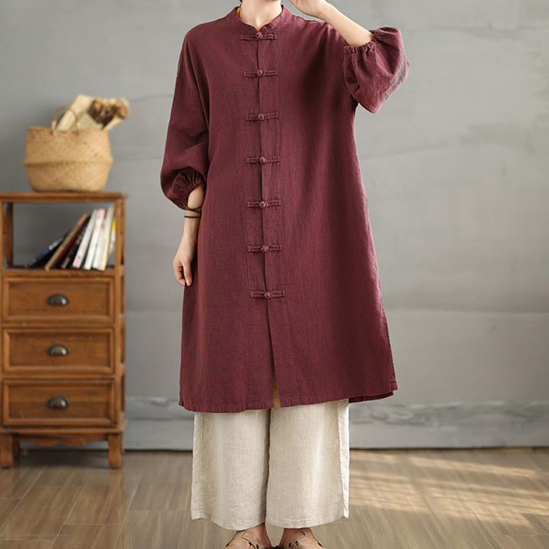 Casual Frog-button Women's Cotton Linen Coat With Pockets