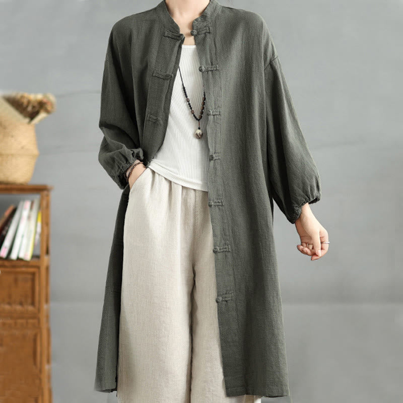 Casual Frog-button Women's Cotton Linen Coat With Pockets