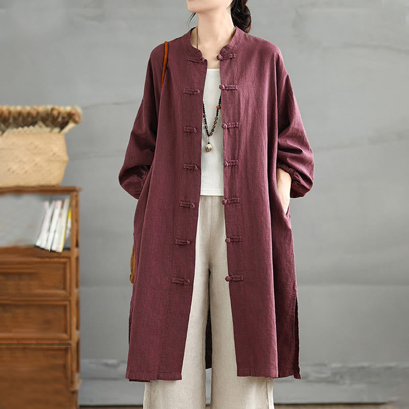 Casual Frog-button Women's Cotton Linen Coat With Pockets