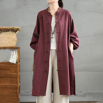 Casual Frog-button Women's Cotton Linen Coat With Pockets