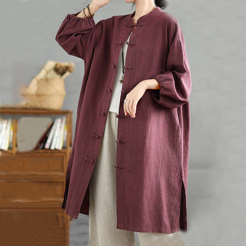 Casual Frog-button Women's Cotton Linen Coat With Pockets