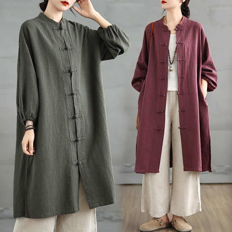 Casual Frog-button Women's Cotton Linen Coat With Pockets