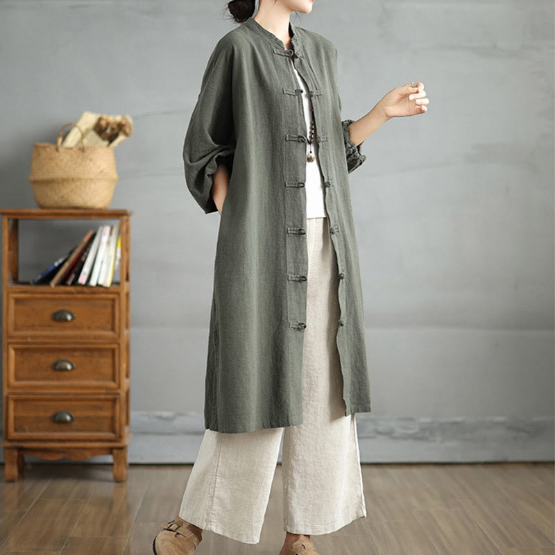 Casual Frog-button Women's Cotton Linen Coat With Pockets
