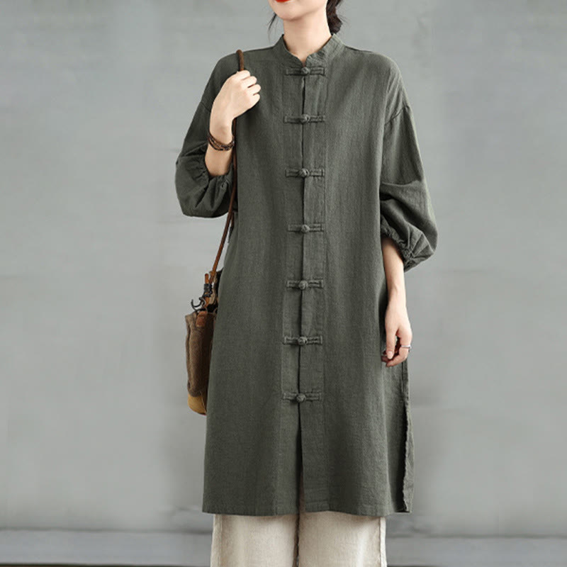 Casual Frog-button Women's Cotton Linen Coat With Pockets