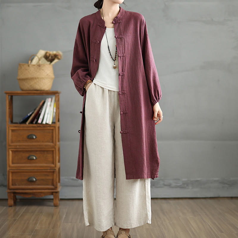 Casual Frog-button Women's Cotton Linen Coat With Pockets