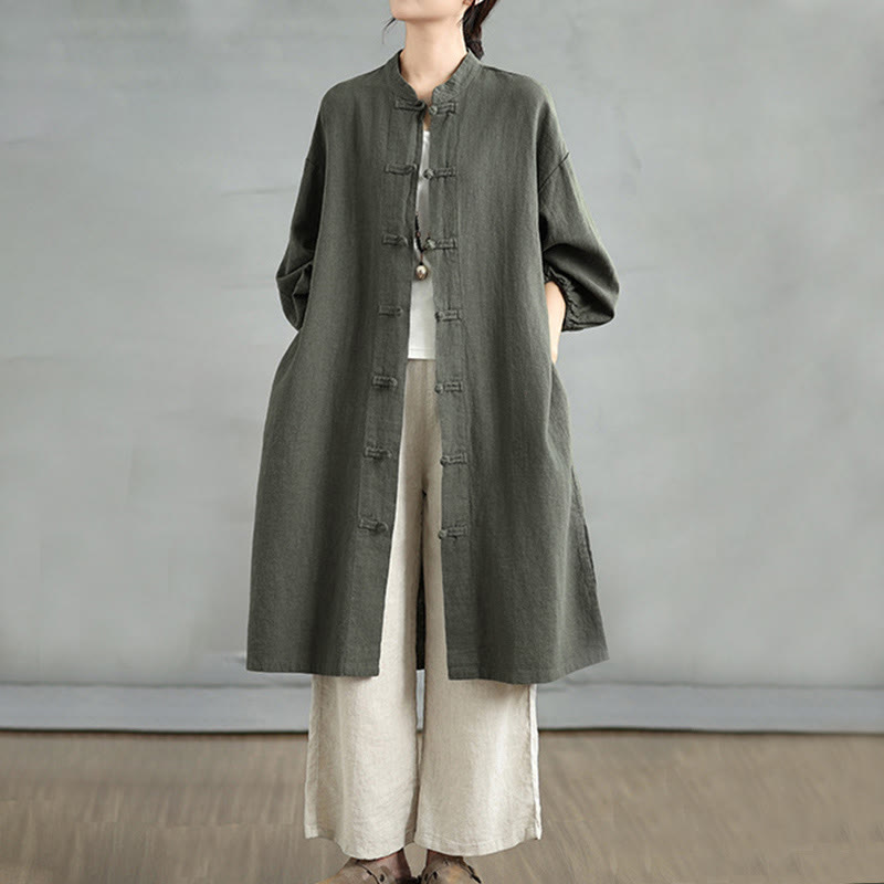Casual Frog-button Women's Cotton Linen Coat With Pockets
