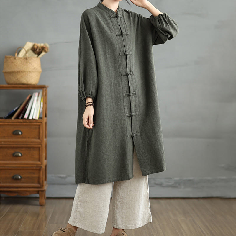 Casual Frog-button Women's Cotton Linen Coat With Pockets