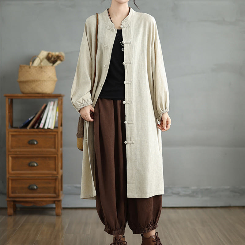 Casual Frog-button Women's Cotton Linen Coat With Pockets