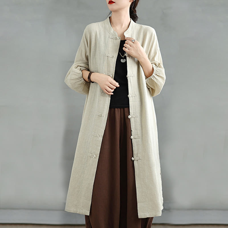 Casual Frog-button Women's Cotton Linen Coat With Pockets