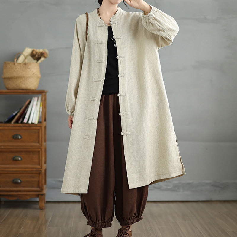 Casual Frog-button Women's Cotton Linen Coat With Pockets