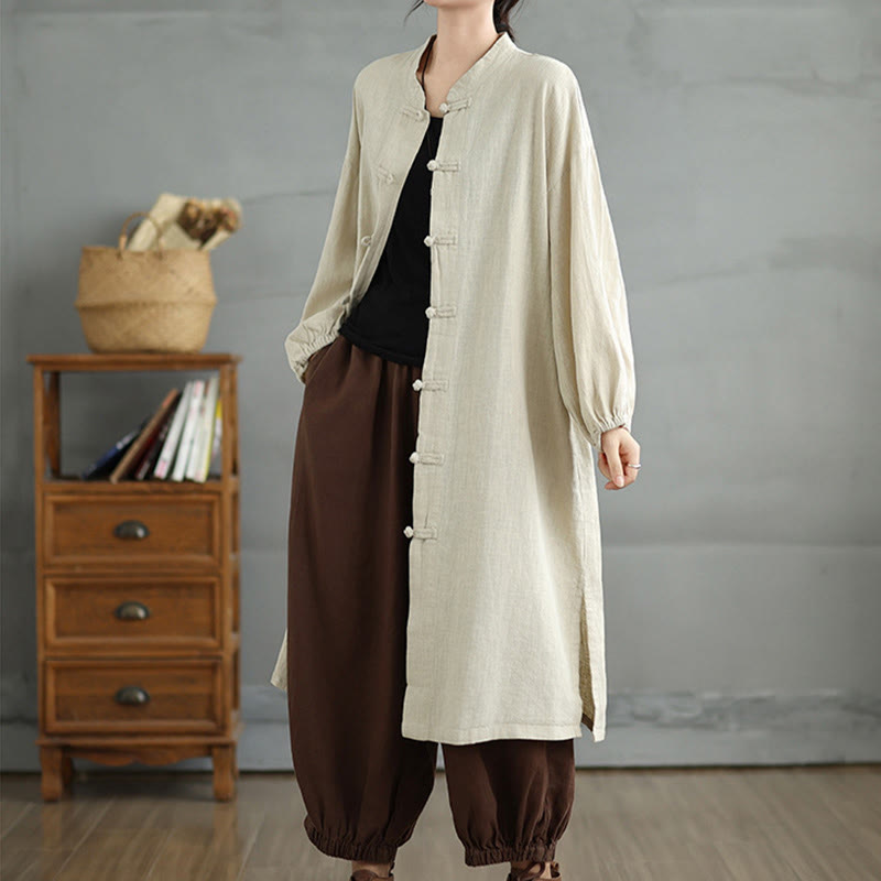 Casual Frog-button Women's Cotton Linen Coat With Pockets