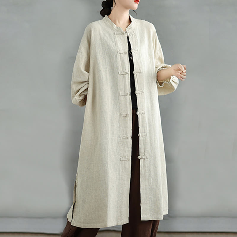 Casual Frog-button Women's Cotton Linen Coat With Pockets
