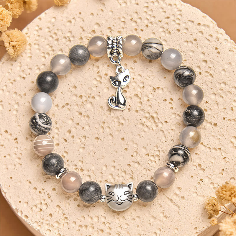 Natural Grey Jasper and Agate Beaded Birman Cat Energy Bracelet