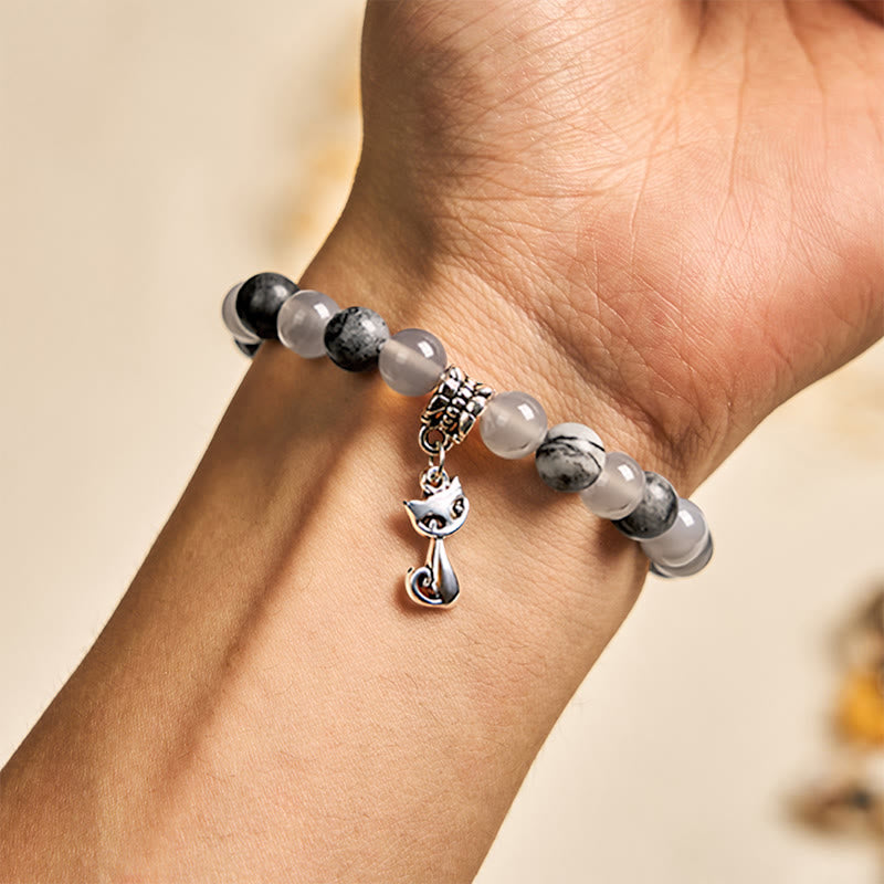 Natural Grey Jasper and Agate Beaded Birman Cat Energy Bracelet