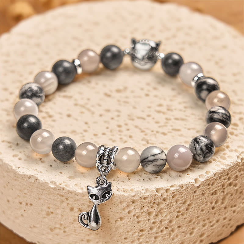 Natural Grey Jasper and Agate Beaded Birman Cat Energy Bracelet