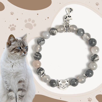 Natural Grey Jasper and Agate Beaded Birman Cat Energy Bracelet