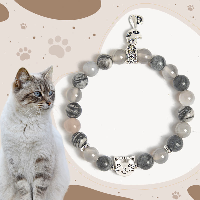 Natural Grey Jasper and Agate Beaded Birman Cat Energy Bracelet
