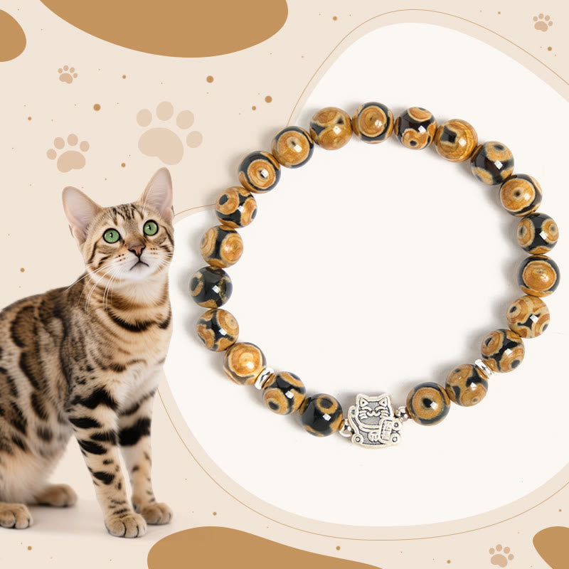 925 Sterling Silver Brown Tabby Cat Beaded Bracelet for Animal Lovers