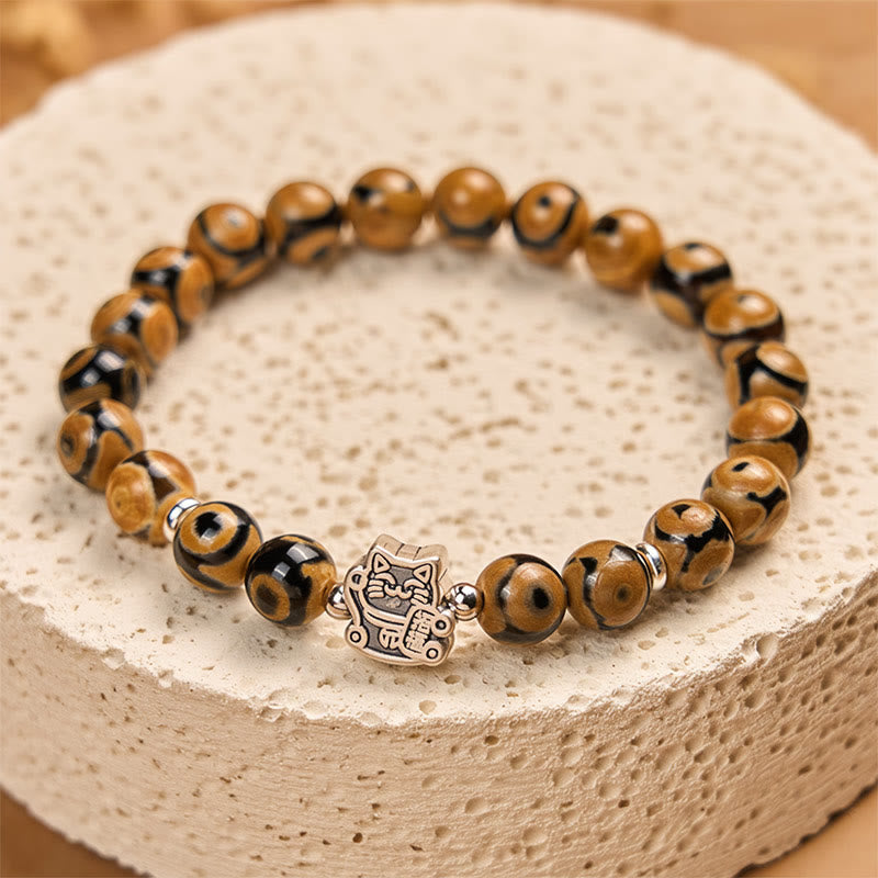 925 Sterling Silver Brown Tabby Cat Beaded Bracelet for Animal Lovers